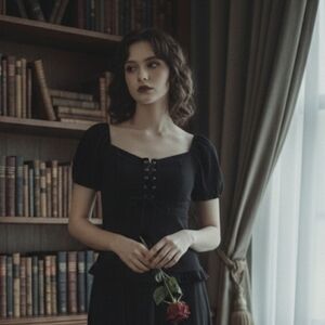 Scarlet Darkness Black Lace-Up Puff Sleeve Ruffle Top Gothic Milkmaid Peasant M